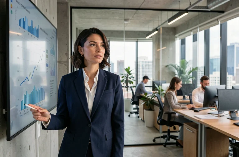 Femme d'affaires analysant des tendances business sur un écran interactif dans un bureau moderne en 2024