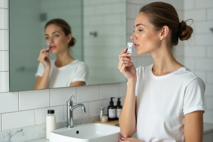 Femme appliquant un échantillon de soin maquillage gratuit devant le miroir de sa salle de bain