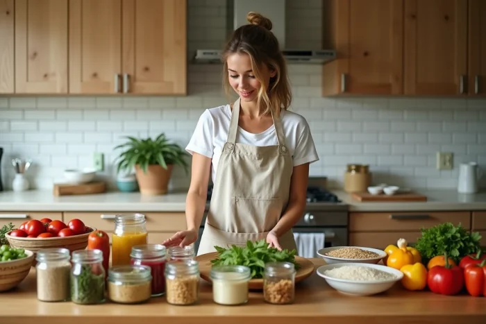 Femme préparant des repas en batch cooking sur un grand plan de travail avec des contenants organisés et des légumes frais