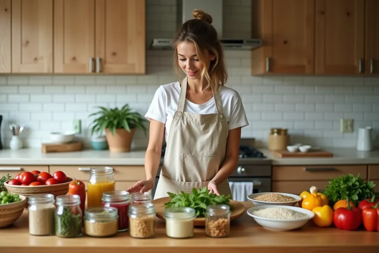 Femme préparant des repas en batch cooking sur un grand plan de travail avec des contenants organisés et des légumes frais
