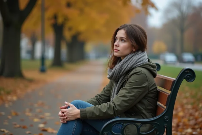 Femme seule sur un banc de parc en automne, cherchant à préserver son bien-être face à une relation familiale toxique