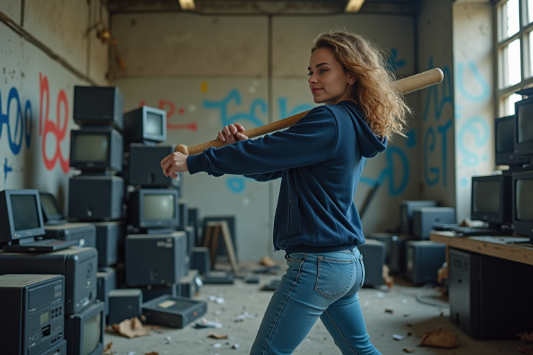 Femme en hoodie bleu brisant des écrans d'ordinateur dans une salle urbaine
