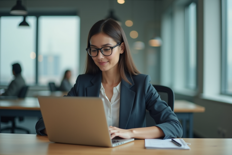 Femme en tenue professionnelle travaillant sur un ordinateur dans un bureau moderne
