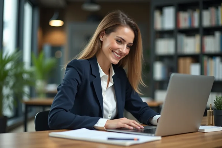 Femme confiante en bureau moderne avec ordinateur et plantes