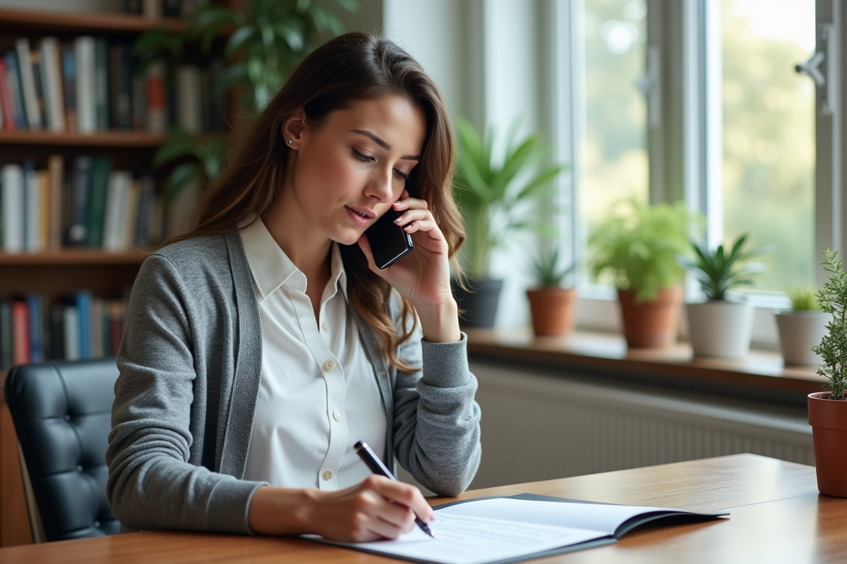 Femme parlant au téléphone et prenant des notes dans un bureau
