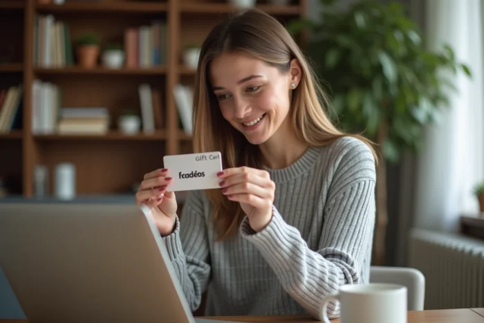 Femme utilisant une carte cadeau Kadéos pour un achat sur Amazon depuis son ordinateur portable
