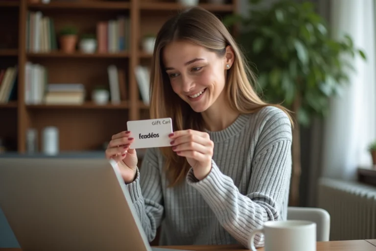 Femme utilisant une carte cadeau Kadéos pour un achat sur Amazon depuis son ordinateur portable