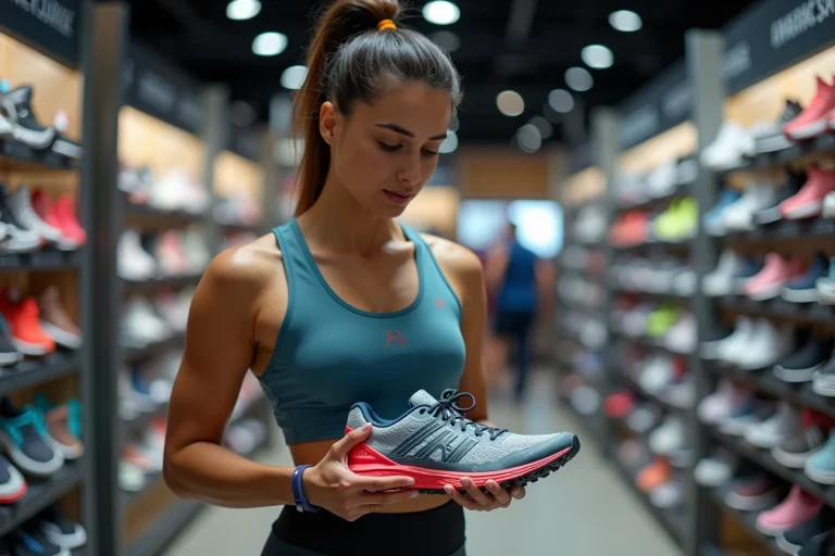 Femme analysant des chaussures de running dans un magasin de sport pour choisir le bon équipement sportif