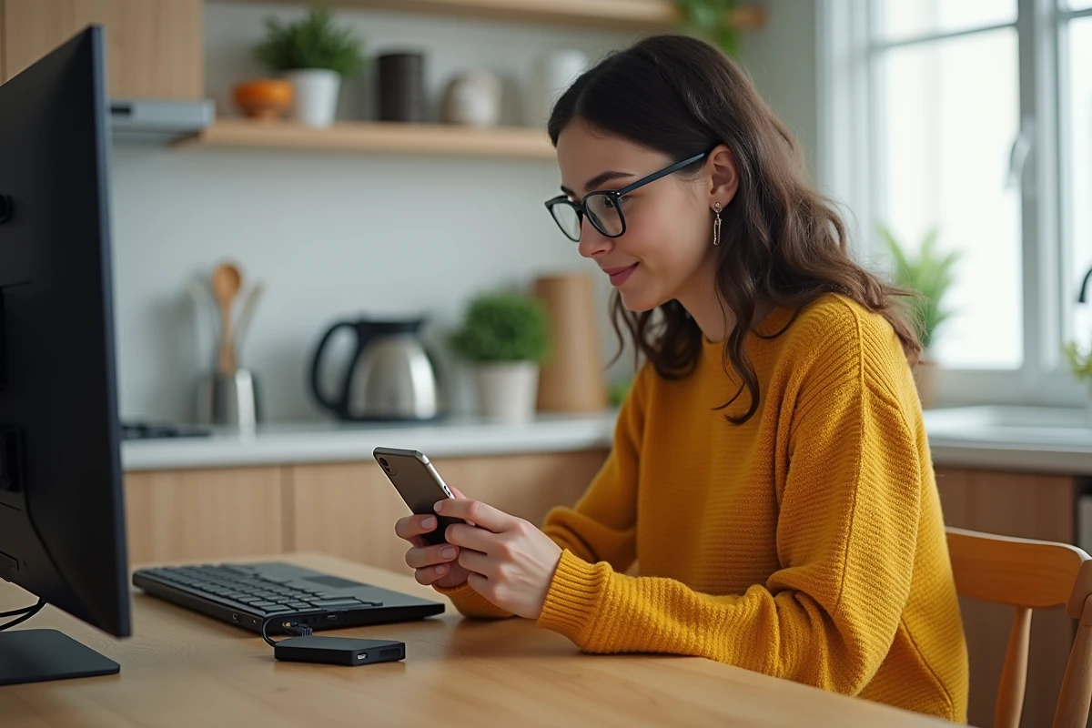 Femme connectant une clé streaming dans une cuisine lumineuse