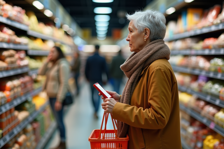 Femme d'âge moyen lisant une étiquette dans un supermarché