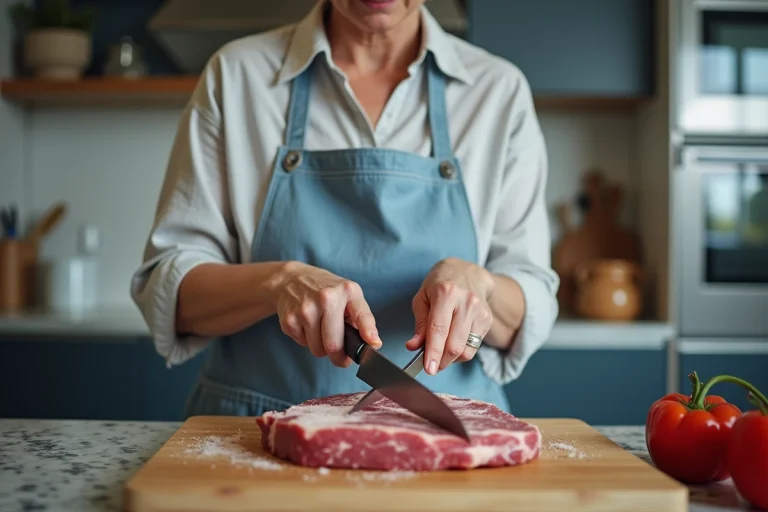 Femme en tablier coupant du boeuf sur plan de travail