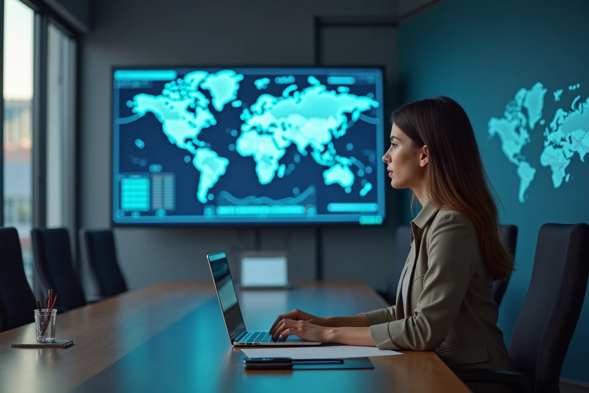 Jeune femme discutant devant un écran de carte d