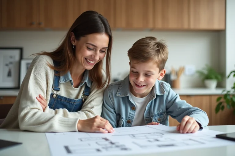 Femme et adolescent regardant des plans de maison dans la cuisine
