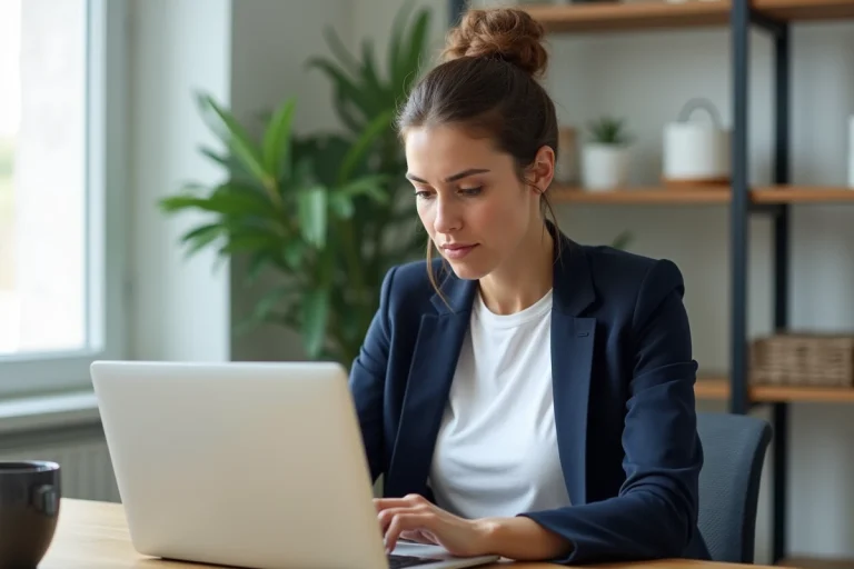 Femme entrepreneur travaillant sur sa stratégie de lancement d'entreprise en ligne depuis un bureau minimaliste à domicile