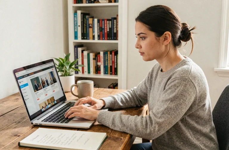 Femme en télétravail suivant une formation professionnelle en ligne sur un ordinateur portable dans un bureau à domicile organisé