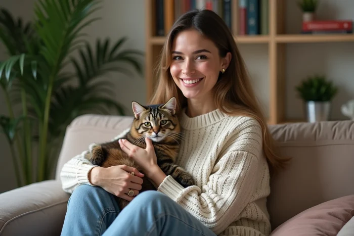 Femme souriante tenant une fouine dans un intérieur chaleureux