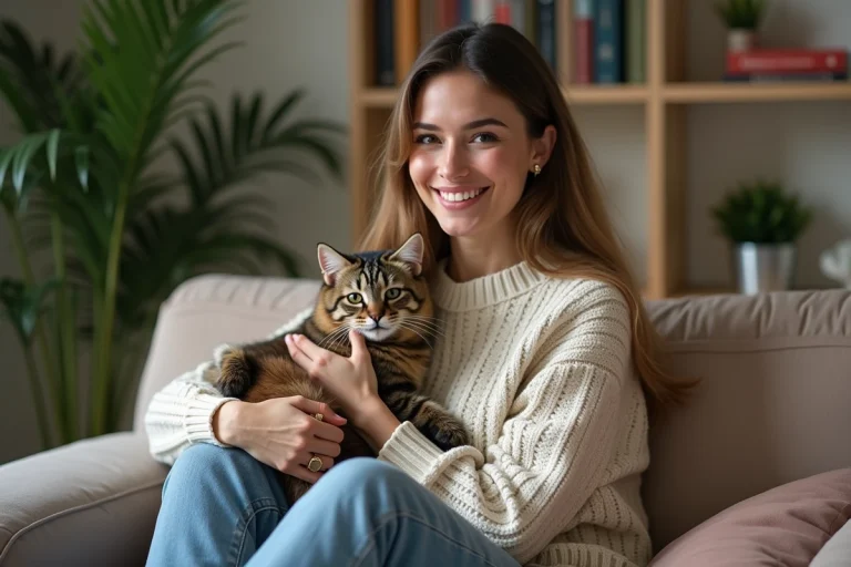 Femme souriante tenant une fouine dans un intérieur chaleureux