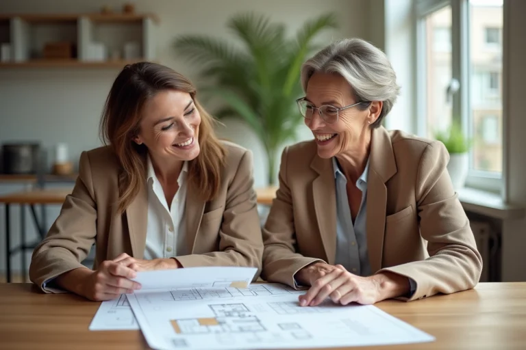 Femme souriante et agent immobilier examinant des plans de maison