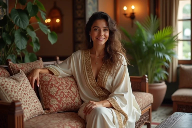 Femme en kaftan orné de broderies dans un intérieur oriental