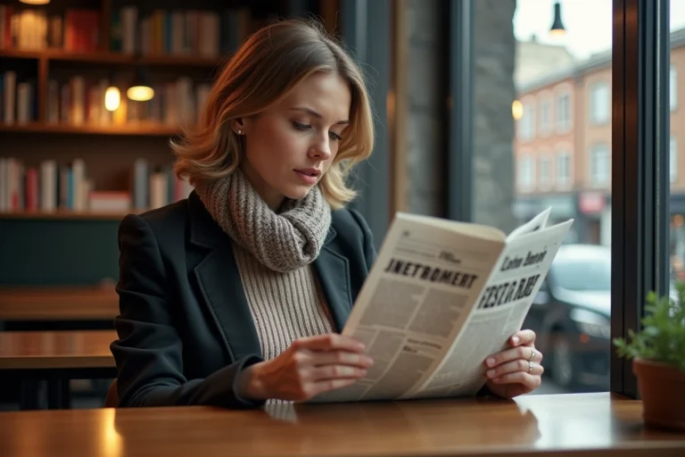 Femme d'âge moyen lisant un journal dans un café urbain