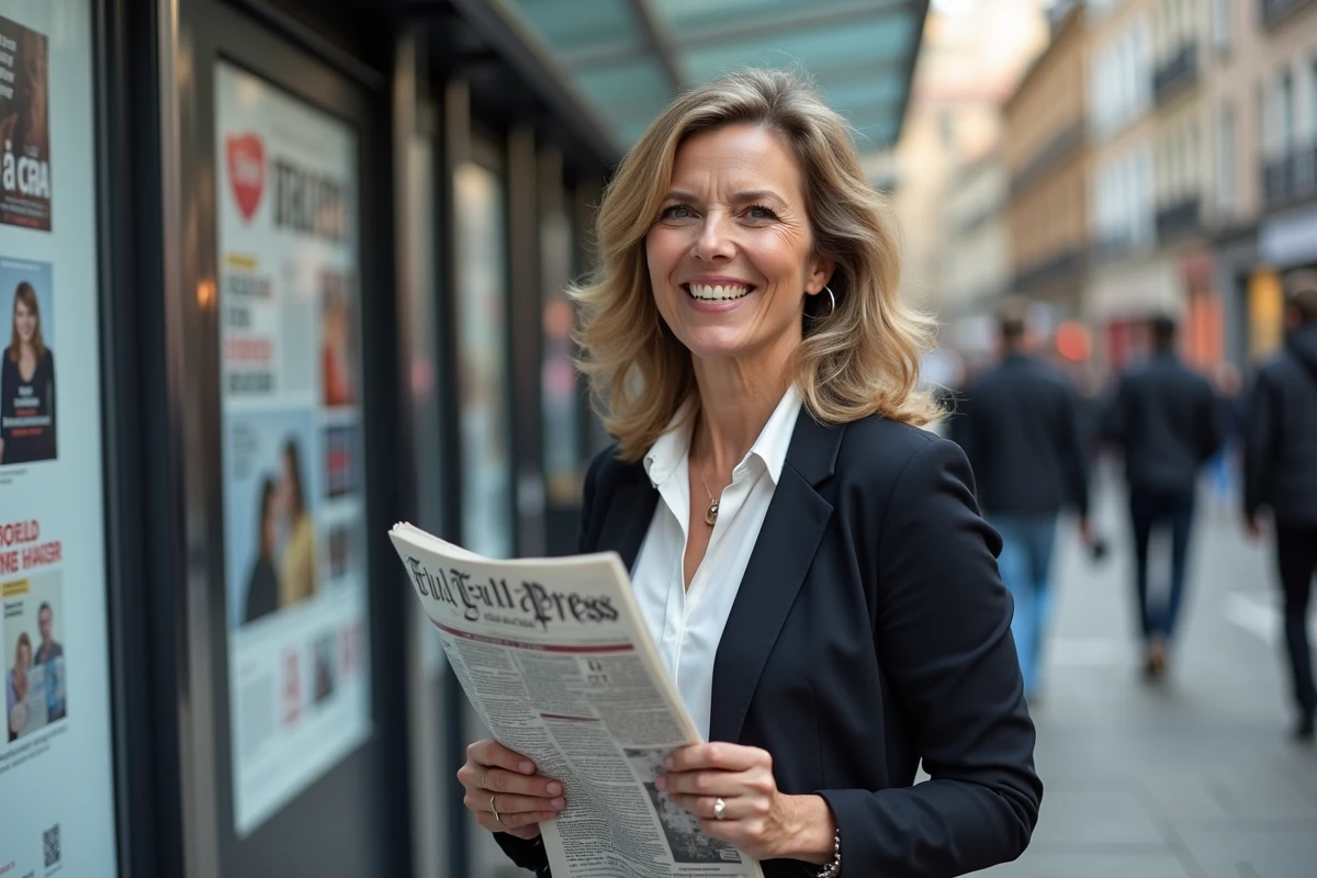 Femme lisant un journal devant un kiosque à journaux en ville