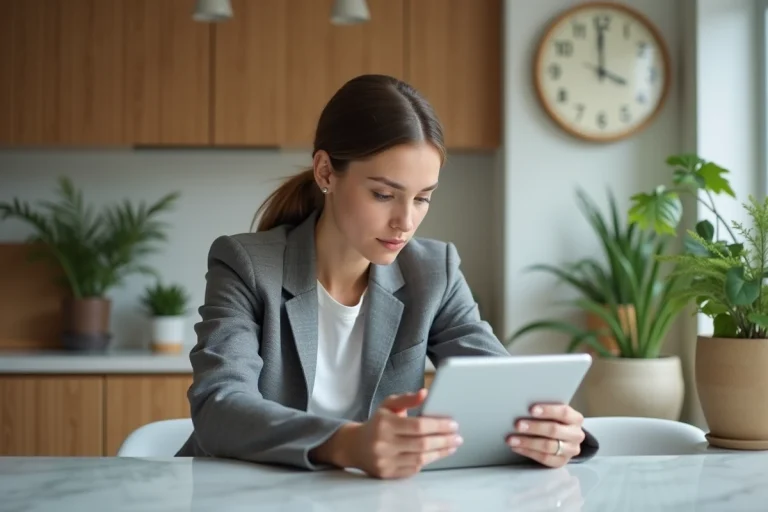 Jeune femme lisant des nouvelles sur tablette le matin