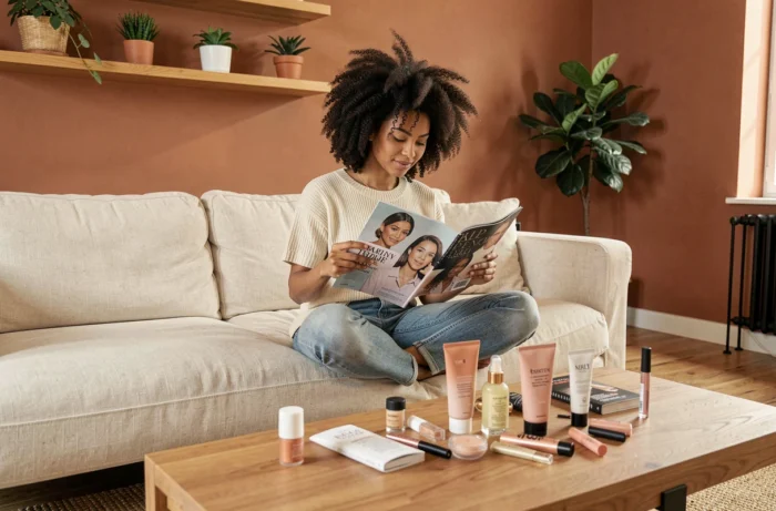 Jeune femme aux cheveux naturels bouclés feuilletant un magazine beauté entourée de produits tendance