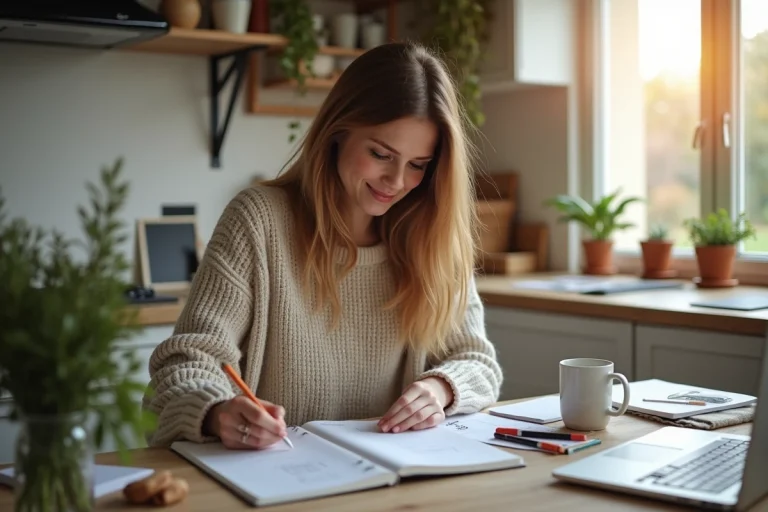 Femme organisée planifiant sa semaine à la maison