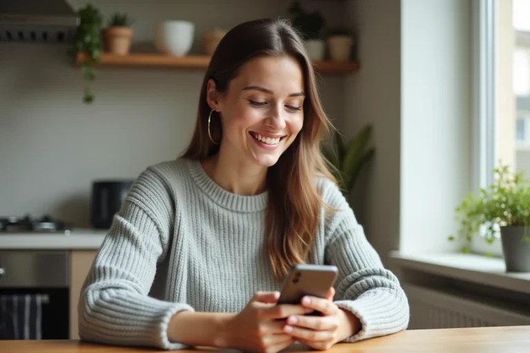 Jeune femme partageant un lien de parrainage Zalando Privé sur son smartphone depuis son appartement
