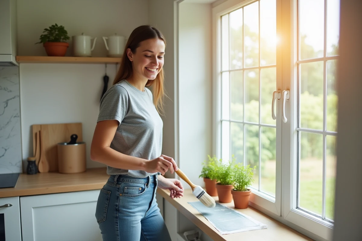 Femme souriante peint un cadre de fenêtre dans une cuisine lumineuse