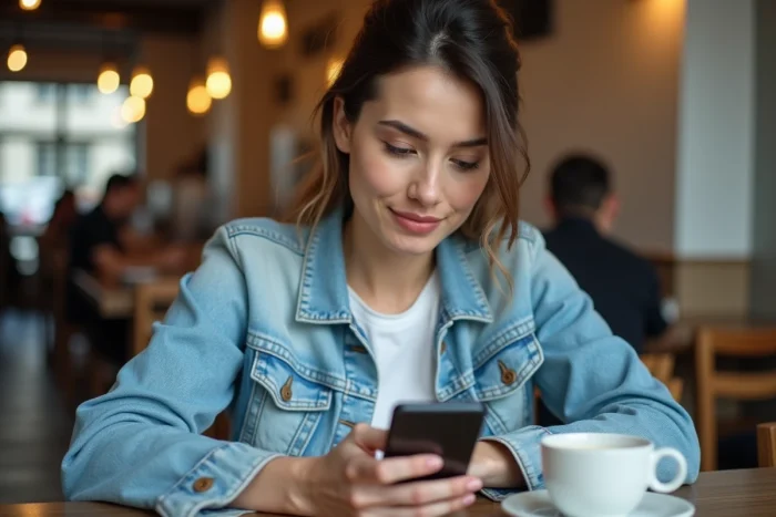 Femme recherchant une nouvelle adresse de site web sur son smartphone dans un café