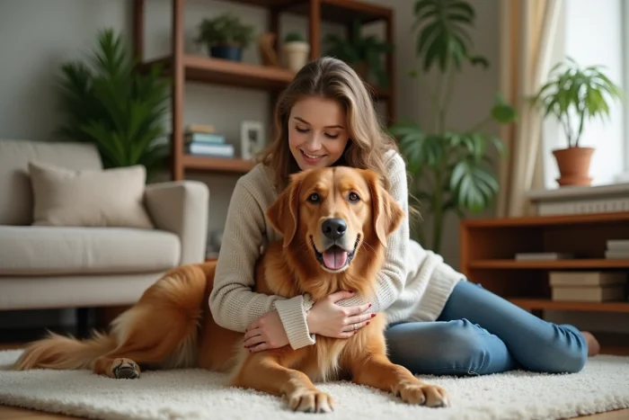Jeune femme avec un retriever dans un salon chaleureux