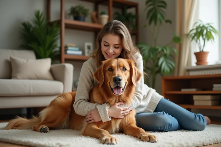 Jeune femme avec un retriever dans un salon chaleureux