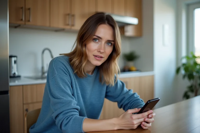 Femme assise à la cuisine avec son smartphone en main