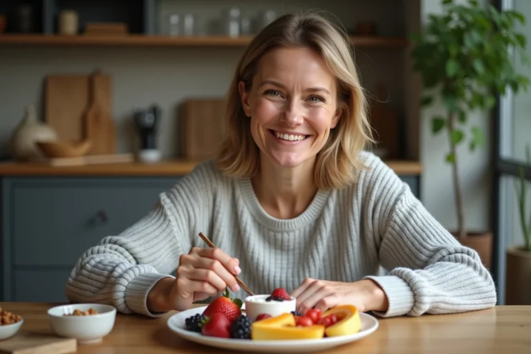 Femme souriante préparant un snack sain dans la cuisine moderne