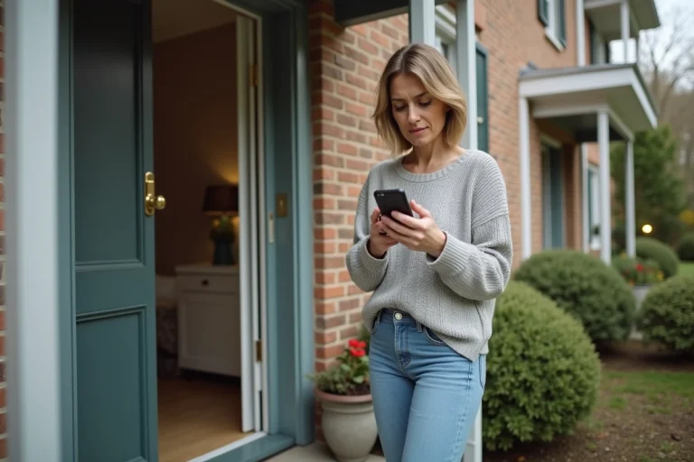 Femme vérifiant le suivi de son colis GLS introuvable sur son smartphone devant sa porte