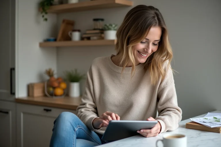 Femme souriante utilisant une tablette pour suivre sa santé