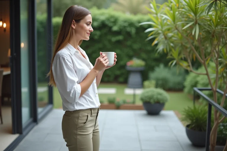 Femme souriante en terrasse avec tuiles anthracite
