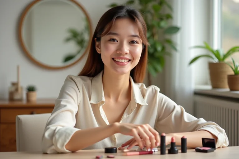 Jeune femme testant des échantillons de maquillage gratuits sur sa table de maquillage à la maison