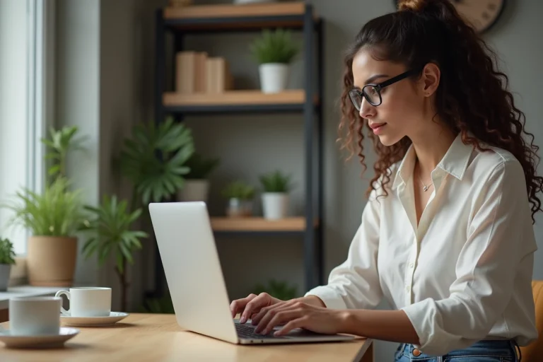 Jeune femme professionnelle travaillant sur son ordinateur à la maison