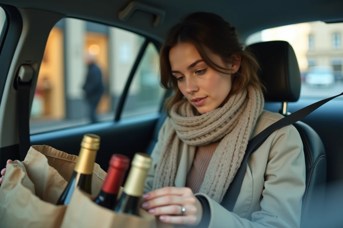 Femme contemplant ses courses avec bouteilles de vin dans la voiture