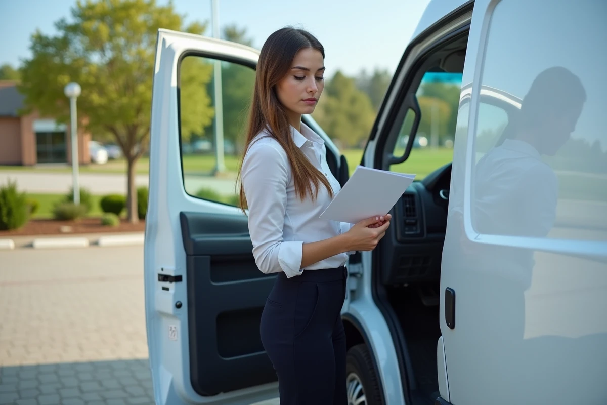 Jeune femme examinant le manuel du van à côté du véhicule