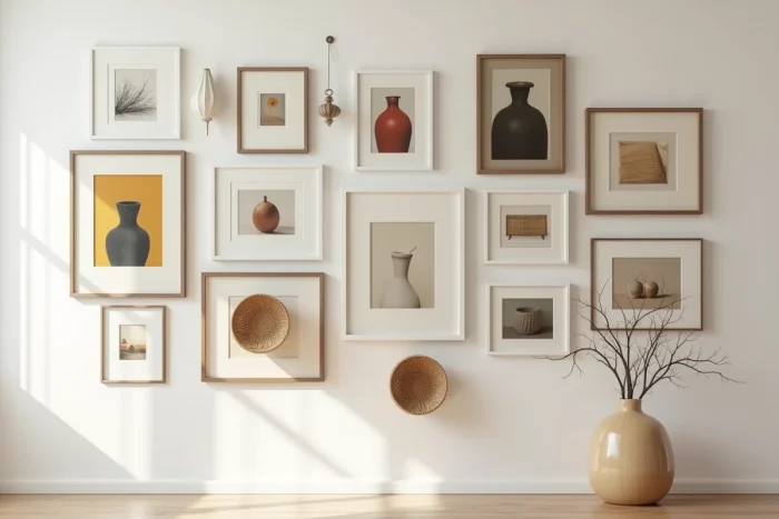 Galerie murale mêlant cadres d'art et objets en volume comme des céramiques et paniers tressés, composée de façon asymétrique sur un mur de salon