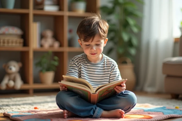 Jeune garçon lisant un livre pour enfants dans un salon chaleureux