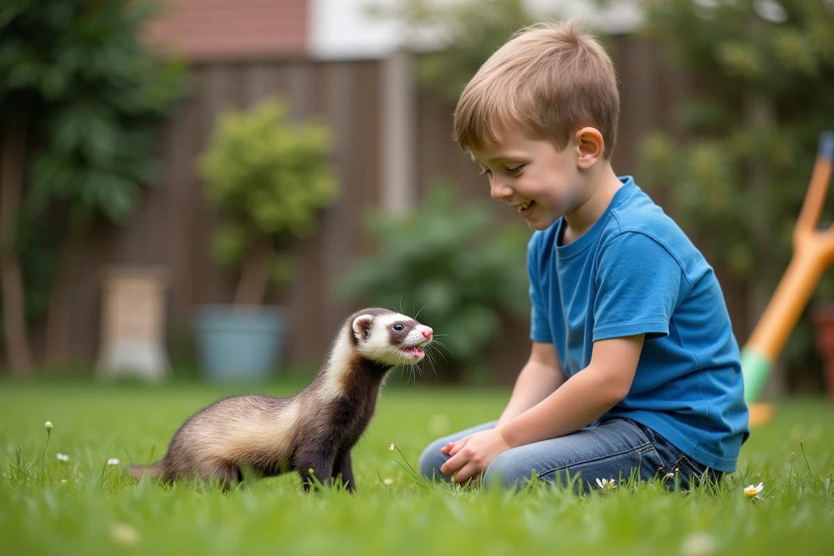 Jeune garçon donnant une friandise à un furet dans le jardin