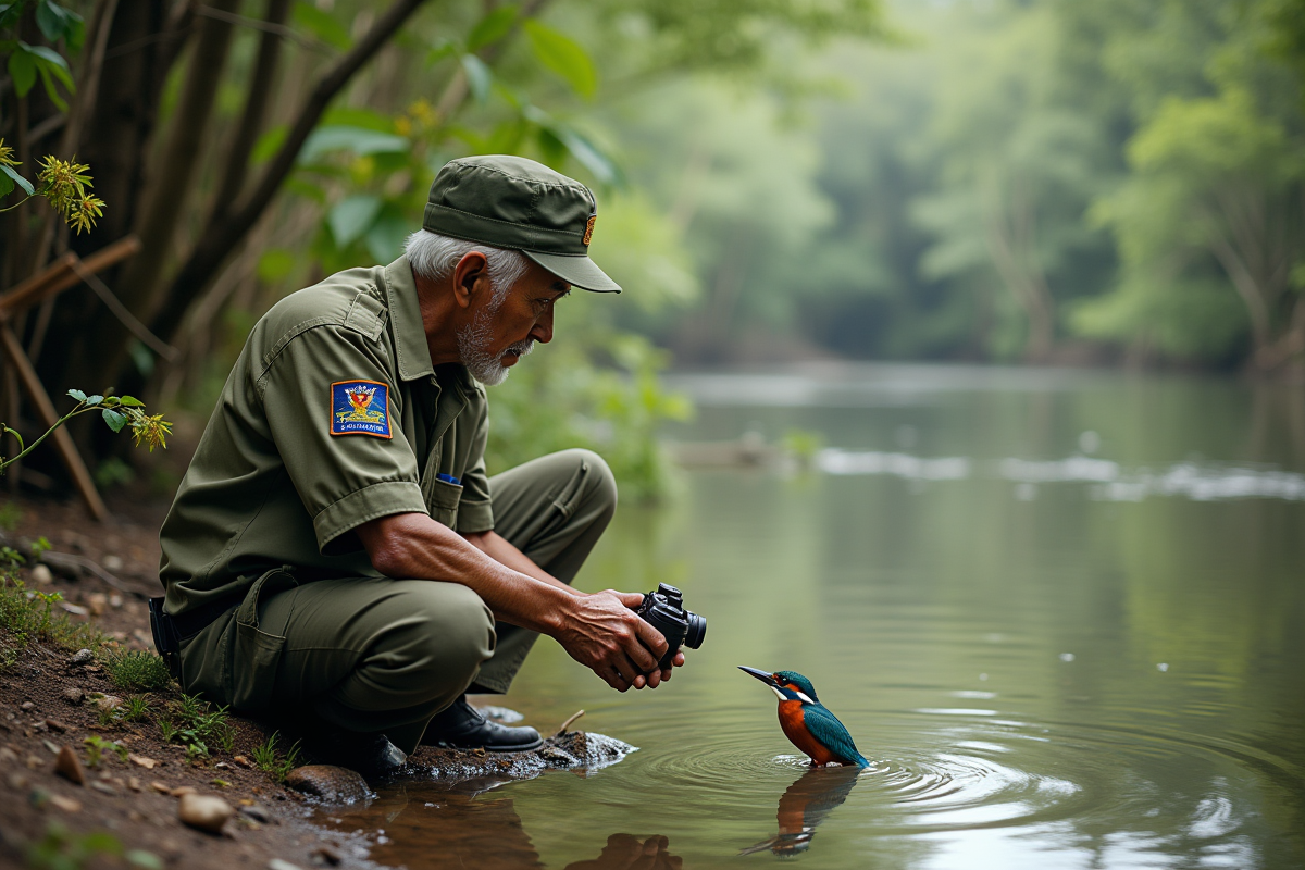 Gardien de parc âgé documente un martin-pêcheur coloré