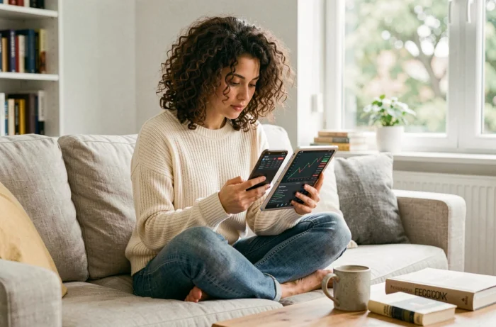 Jeune femme gérant ses investissements boursiers sur smartphone et tablette depuis son salon