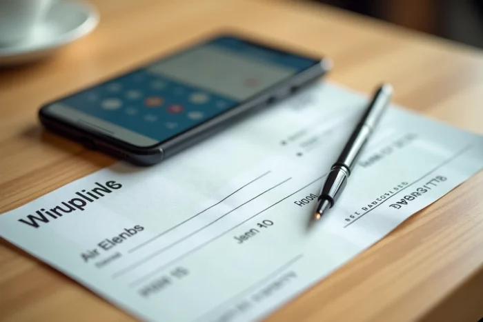 Gros plan d'un chèque différé posé sur un bureau avec un smartphone affichant un calendrier bancaire 2026