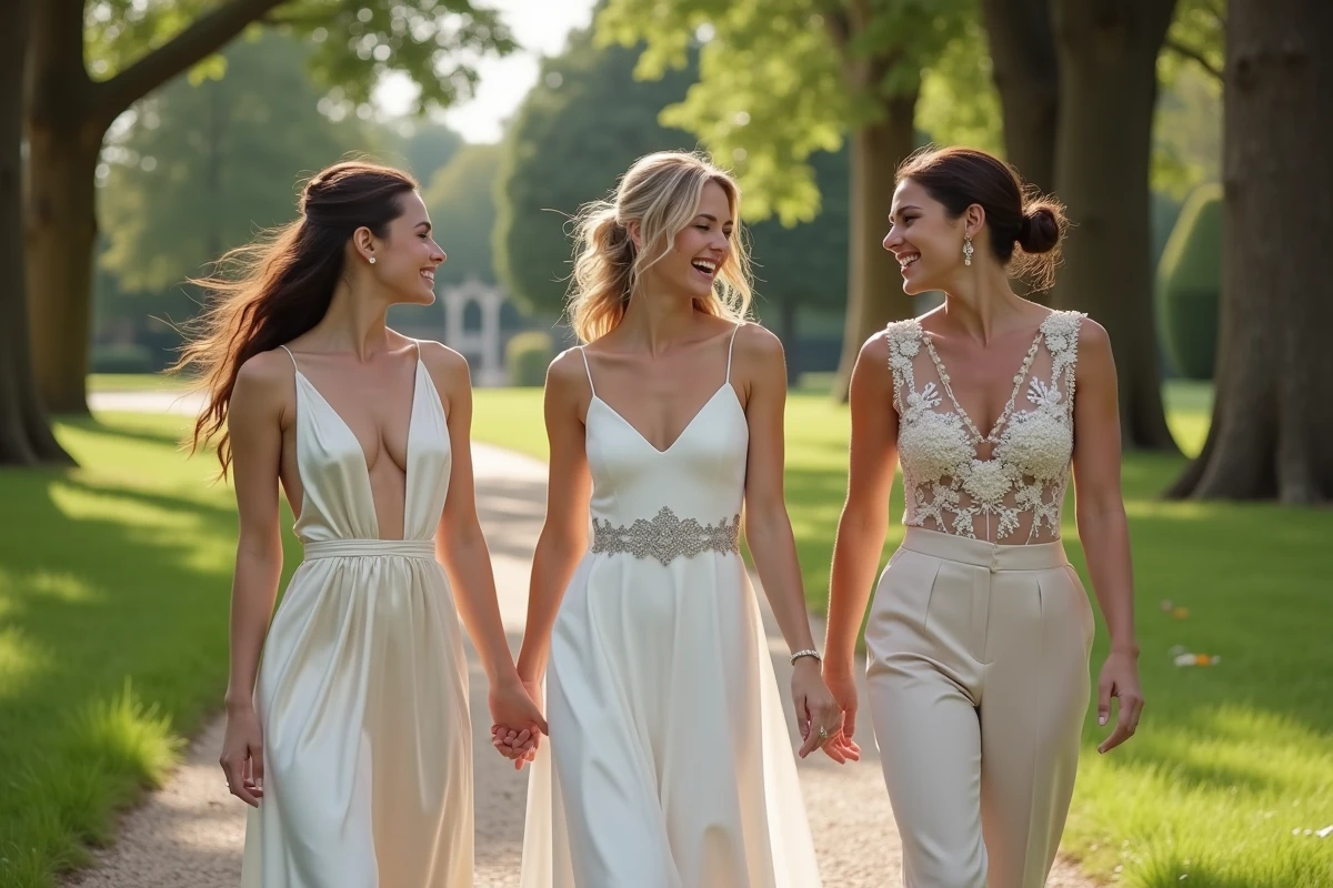 Trois mariées diverses marchant dans un jardin en riant
