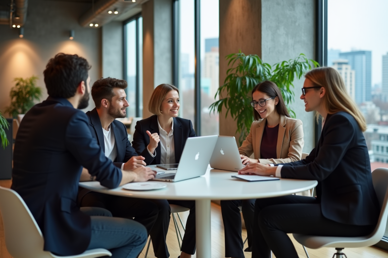 Groupe de jeunes professionnels collaborant dans un espace de coworking moderne